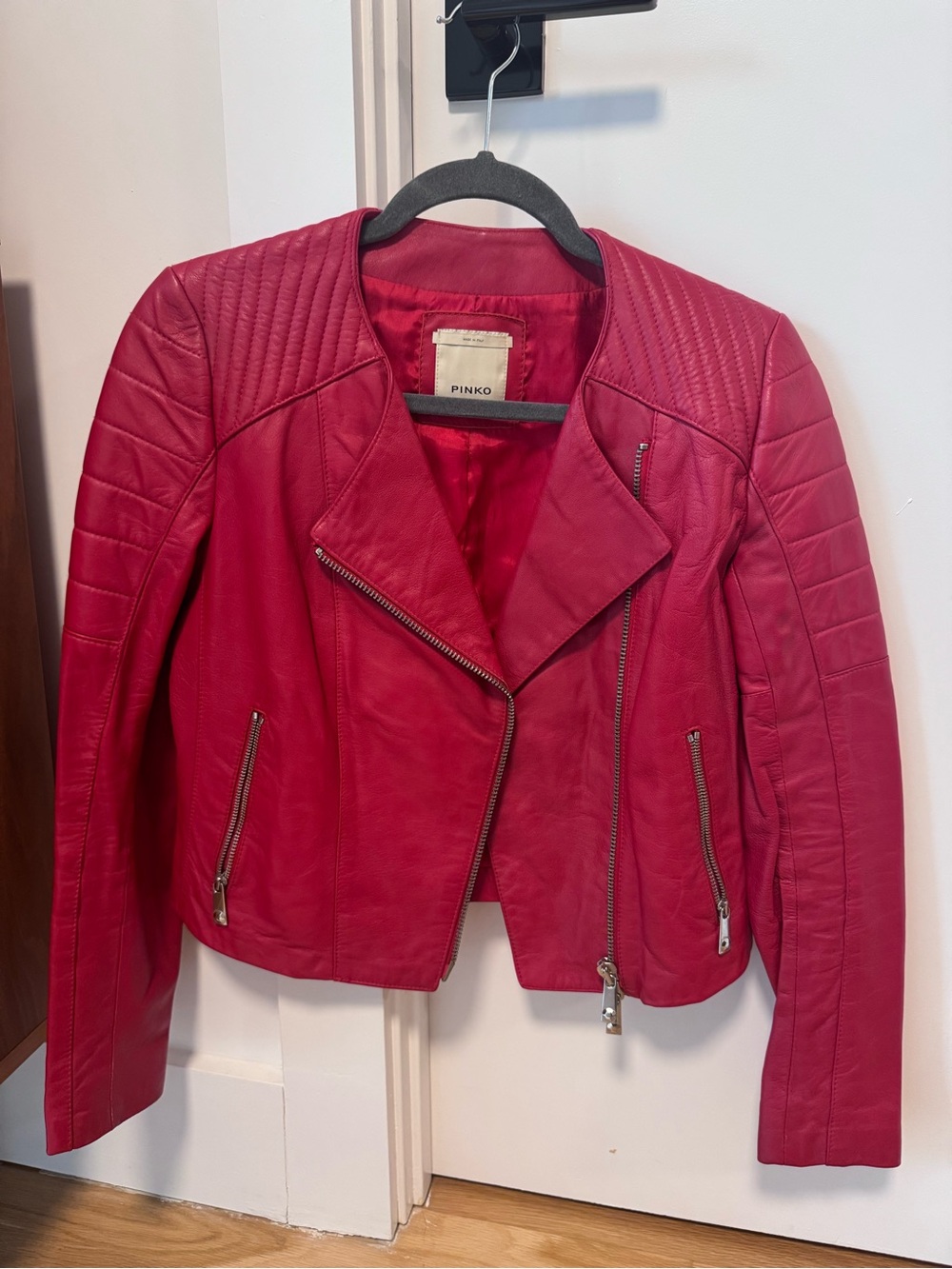 Pinko Red Quilted Leather Moto Jacket